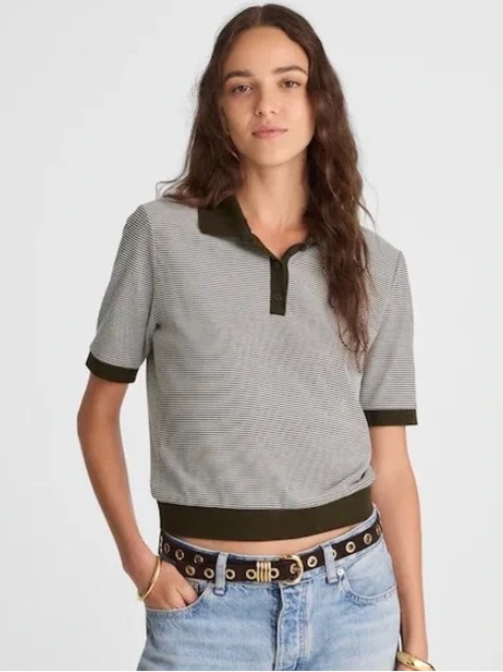 madewell Striped Short Sleeve Polo with Green Trim